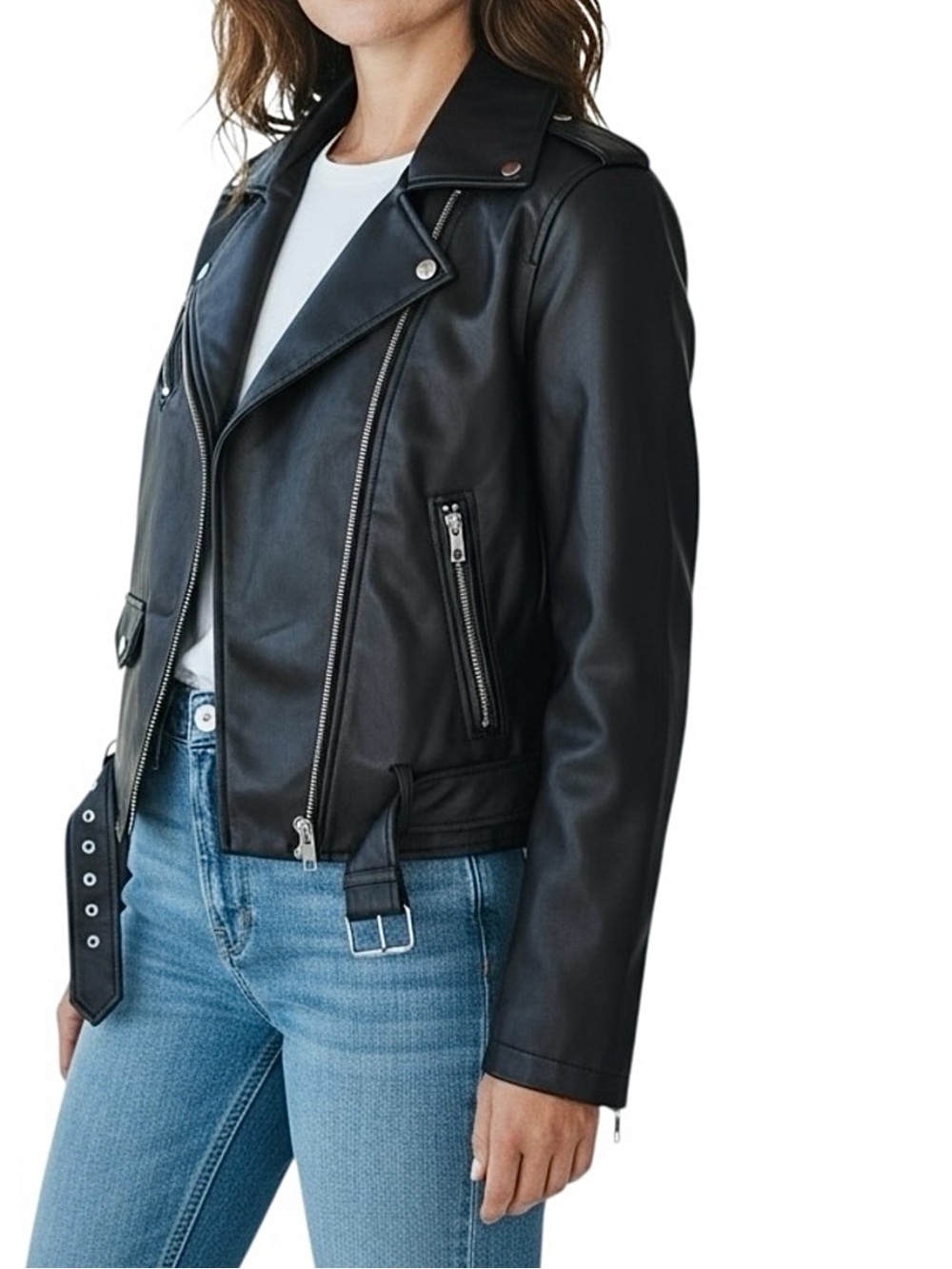 Zara Faux Leather Biker Moto Jacket in Black Size Large EUC